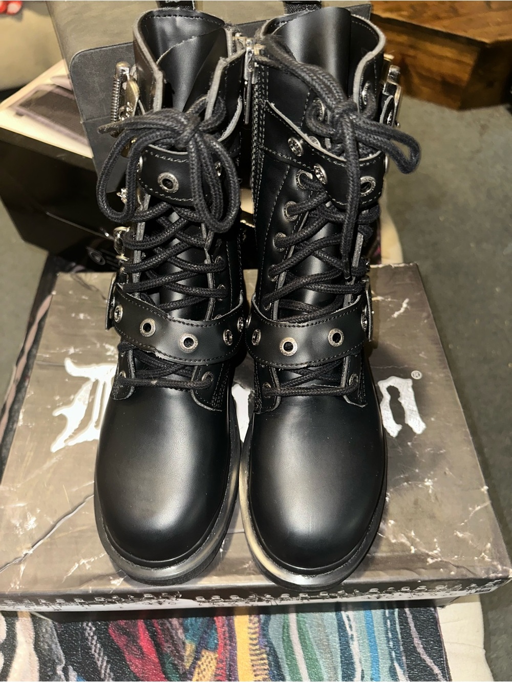 Demonia Black Platform Goth Lace-Up Boots with Chains - Picture 2 of 6